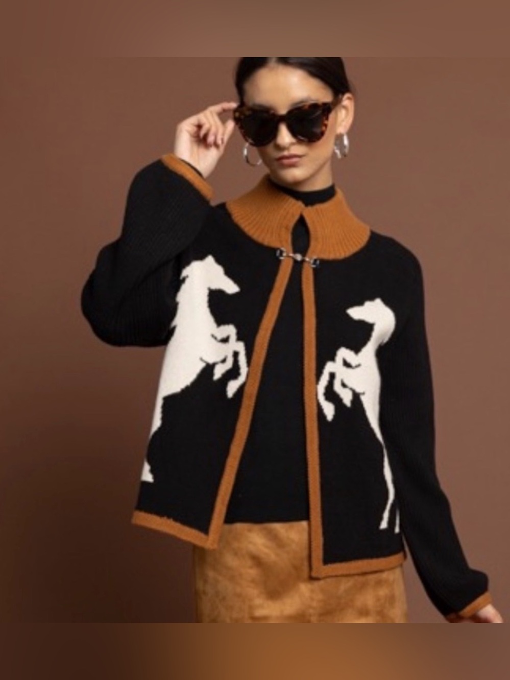 THML Women’s Black & Camel Horse Cardigan Sweater Size Large